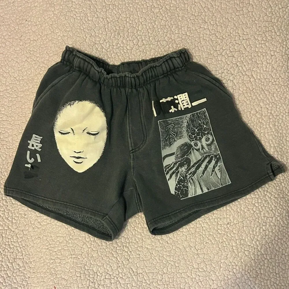 *READ DESC* Goth Anime Junji Ito Sweat Shorts Acid Wash Flawed S